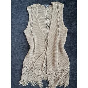 Vintage Neiman Marcus Tan Knit Fringe Vest Boho Crochet Open Front Layering